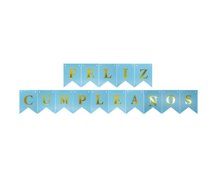 BANDERINES FELIZ CUMPLEAÑOS (17X12CM/3M) CELESTE/DORADO