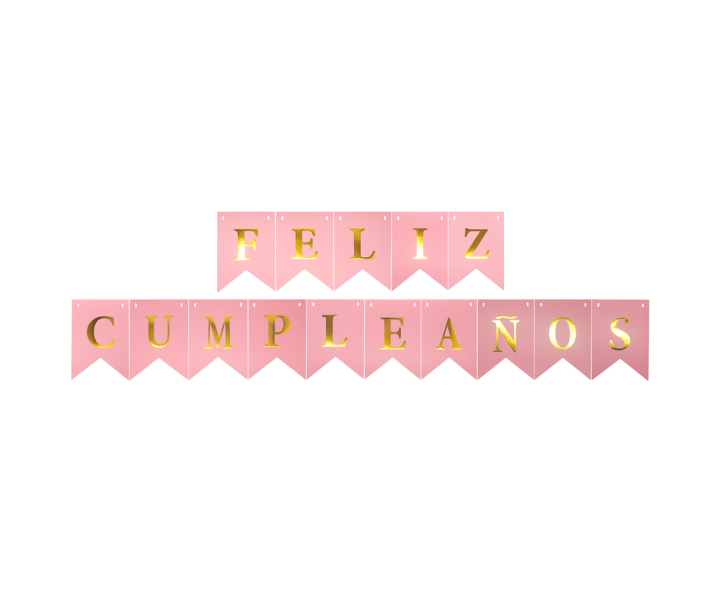 BANDERINES FELIZ CUMPLEAÑOS (17X12CM/3M) ROSADO/DORADO