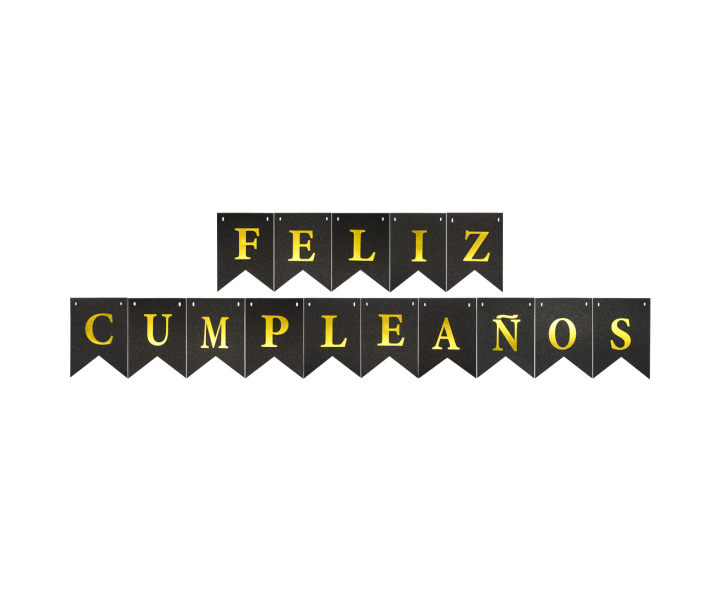 BANDERINES FELIZ CUMPLEAÑOS BRILLOSO (17X12CM/3M) NEGRO/DORADO