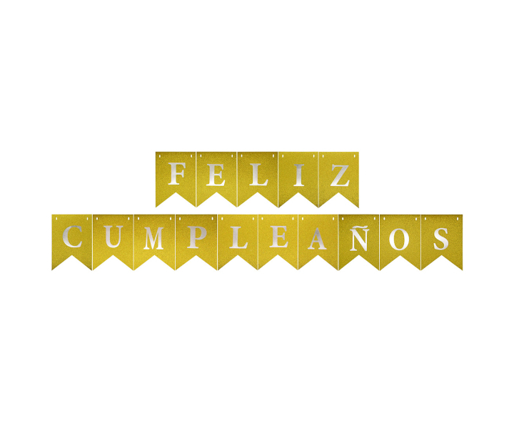 BANDERINES FELIZ CUMPLEAÑOS BRILLOSO (17X12CM/3M) DORADO/PLATA