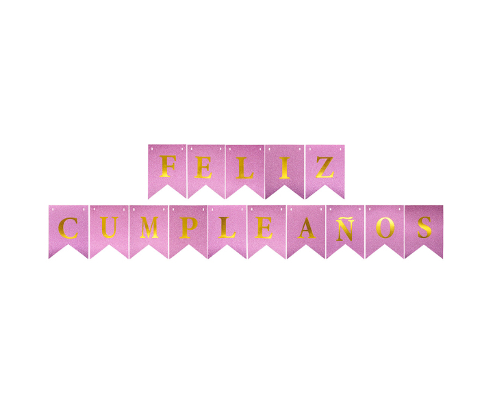 BANDERINES FELIZ CUMPLEAÑOS BRILLOSO (17X12CM/3M) ROSADO/DORADO