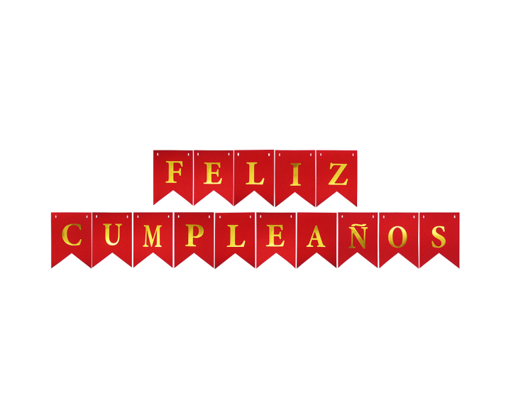 BANDERINES FELIZ CUMPLEAÑOS BRILLOSO (17X12CM/3M) ROJO/DORADO