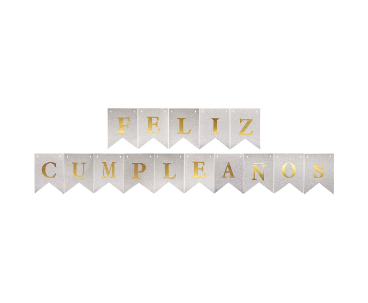BANDERINES FELIZ CUMPLEAÑOS BRILLOSO (17X12CM/3M) PLATEADO/DORADO