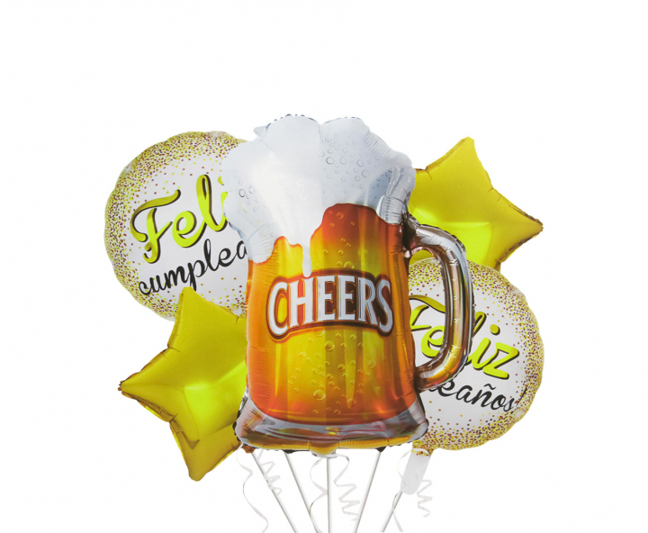 GLOBOS “FELIZ CUMPLEAÑOS” 5P MANIJA CERVEZA/ESTRELLA