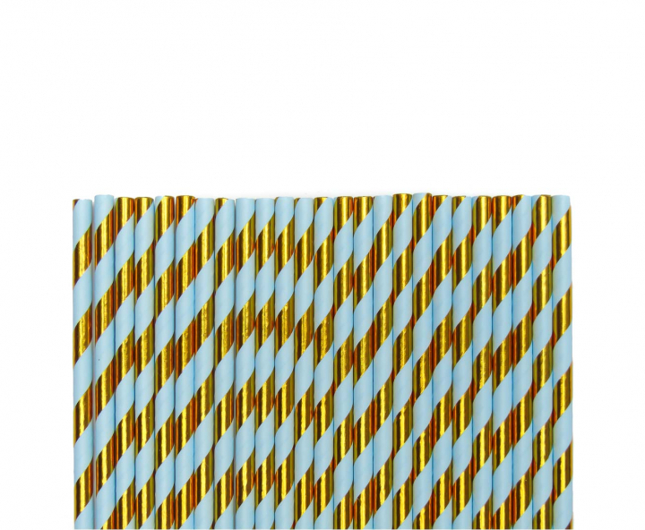 PAJITA DE PAPEL 25P (20CM) RAYA CELESTE/DORADO