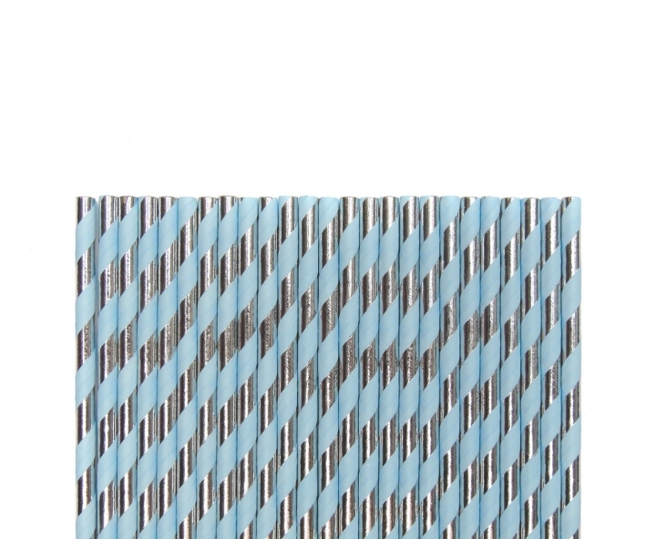 PAJITA DE PAPEL 25P (20CM) RAYA CELESTE/PLATA