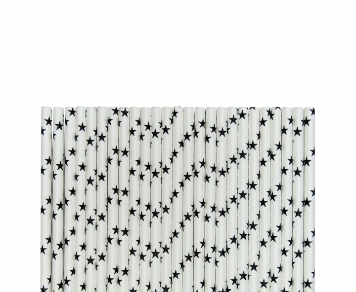 PAJITA DE PAPEL 25P (20CM) ESTRELLA NEGRO/BLANCO