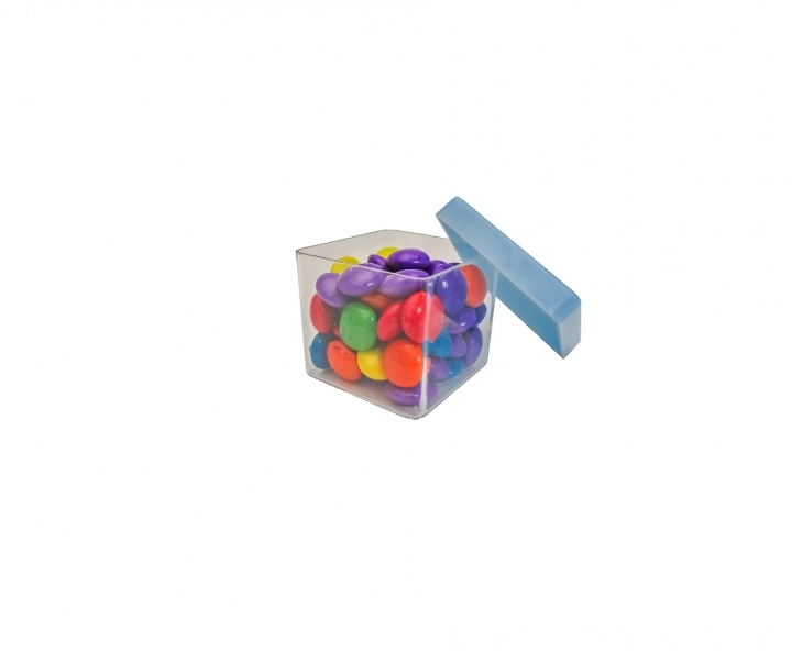 CAJITA PLASTICO CUBO 10P (5X4.5CM) TRANSP./CELESTE