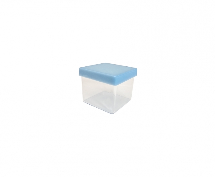 CAJITA PLASTICO CUBO 10P (5X4.5CM) TRANSP./CELESTE