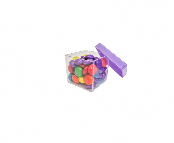 CAJITA PLASTICO CUBO 10P (5X4.5CM) TRANSP./PURPURA