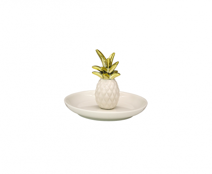 DECOR CERAMICO PIÑA SOBRE PLATO (11X10X11) BLANCO/DORADO