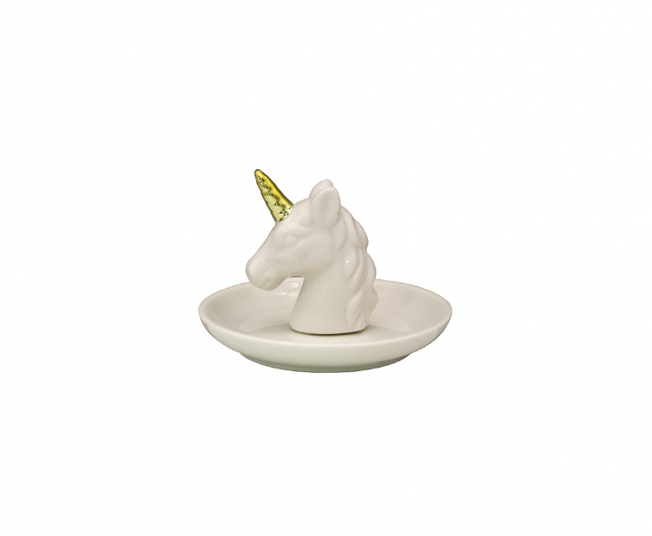 DECOR CERAMICO UNICORNIO SOBRE PLATO (11X8X11) BLANCO/DORADO