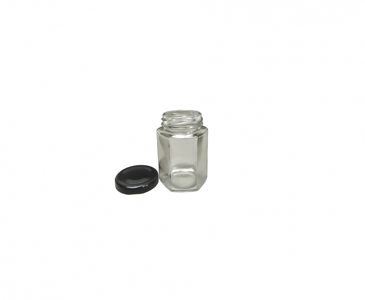 ENVASE VIDRIO HEXAGONO (100ML) TAPA NEGRO