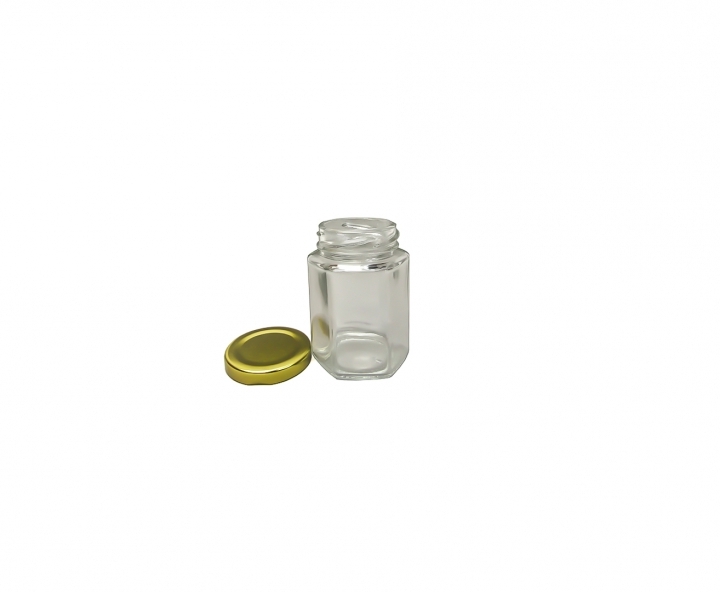 ENVASE VIDRIO HEXAGONO (100ML) TAPA DORADO