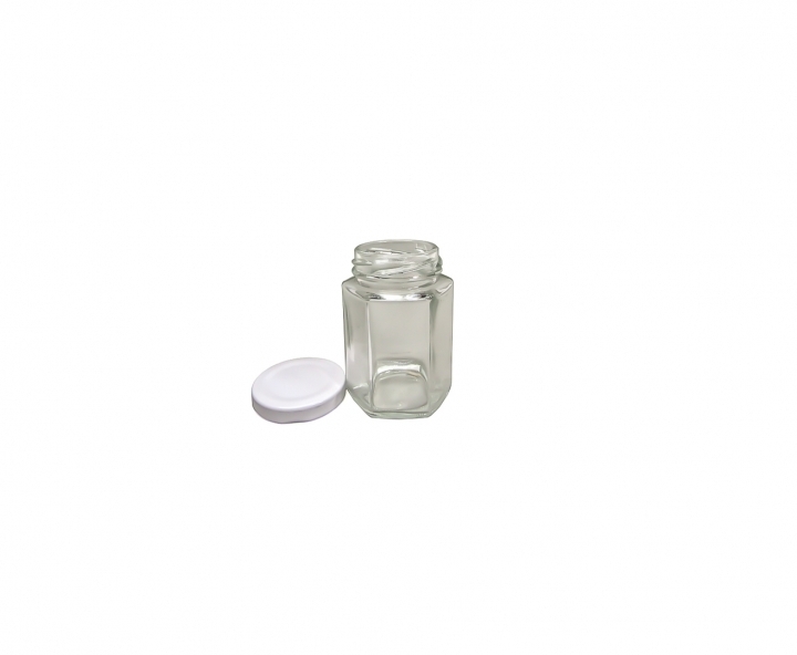 ENVASE VIDRIO HEXAGONO (100ML) TAPA BLANCO