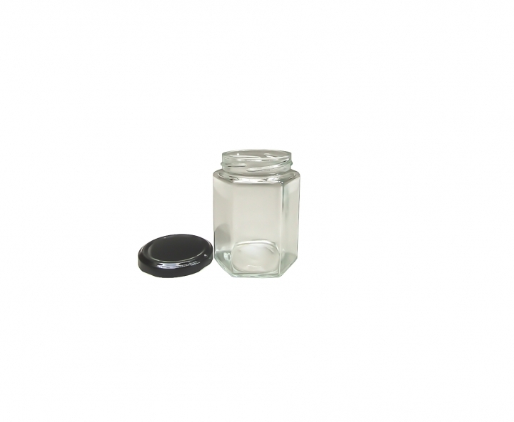 ENVASE VIDRIO HEXAGONO (250ML) TAPA NEGRO