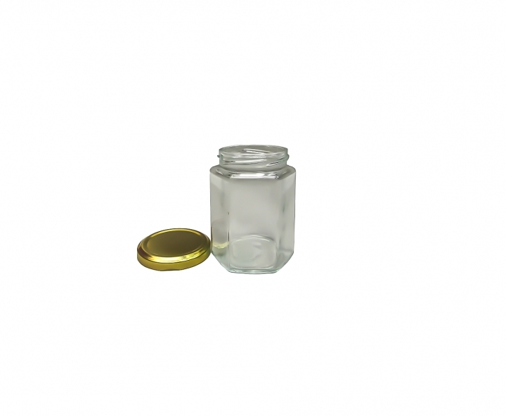 ENVASE VIDRIO HEXAGONO (250ML) TAPA DORADO