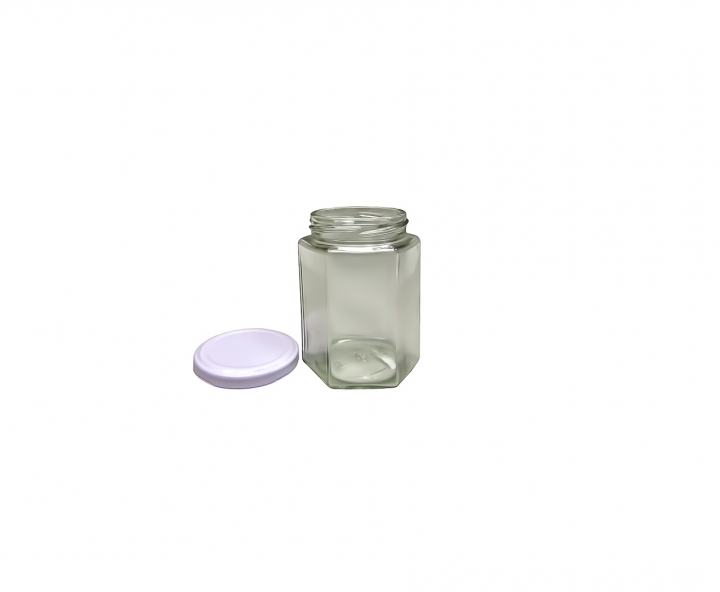 ENVASE VIDRIO HEXAGONO (250ML) TAPA BLANCO