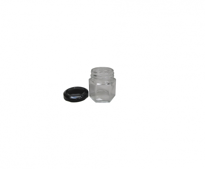 ENVASE VIDRIO HEXAGONO (25ML) TAPA NEGRO