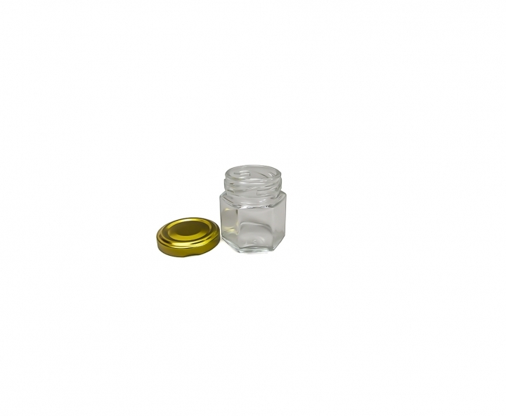 ENVASE VIDRIO HEXAGONO (25ML) TAPA DORADO