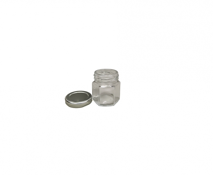 ENVASE VIDRIO HEXAGONO (25ML) TAPA BLANCO