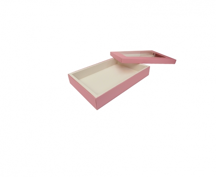 CAJA PAPEL RECTANGULO C/ VISOR 5P (16X24X4) BLANCO/ROSADO