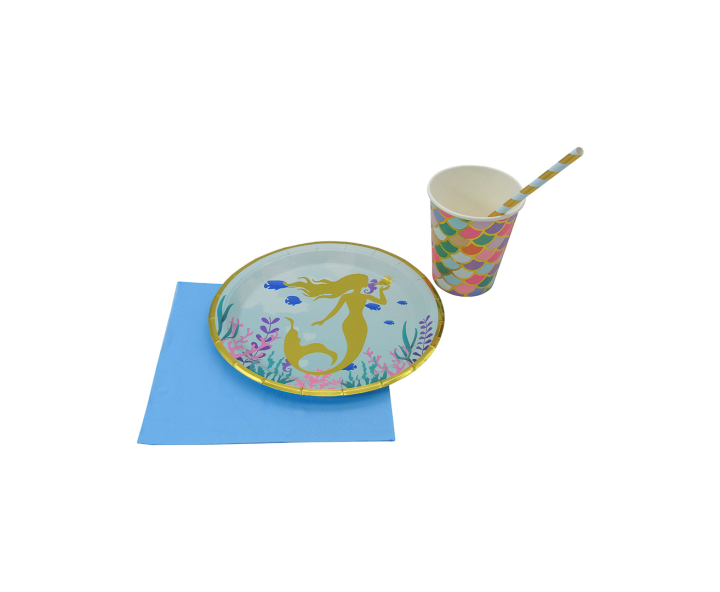 PLATOS PAPEL CIRCULAR SIRENA 10P (18CM) CELESTE/DORADO