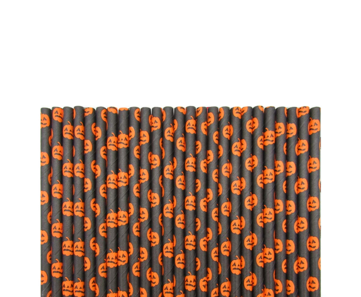 PAJITA PAPEL 25P (19.5CM) CALABAZA NARANJA/NEGRO