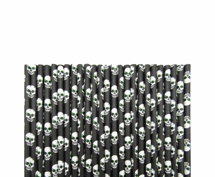 PAJITA PAPEL 25P (19.5CM) CALAVERA BLANCO/NEGRO
