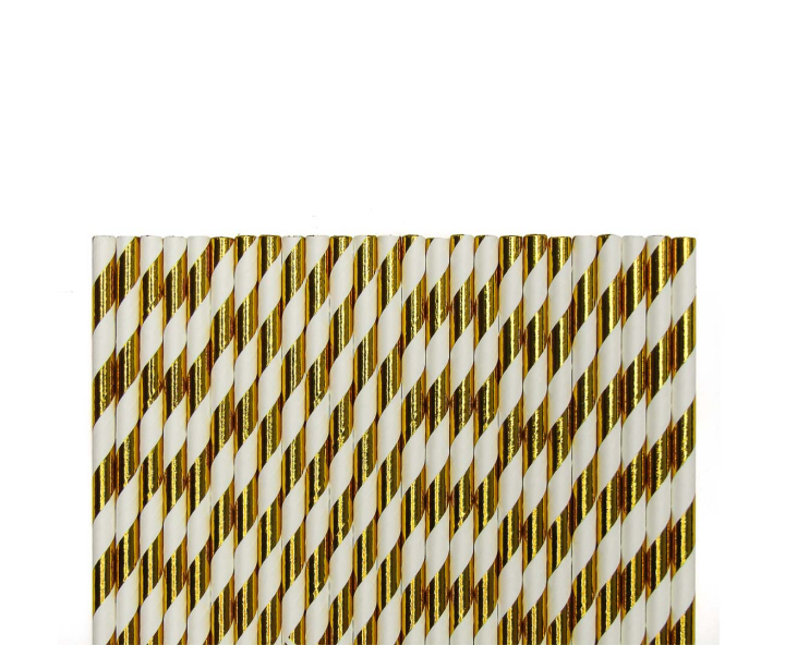 PAJITA PAPEL 25P (19.5CM) RAYA BLANCO/DORADO
