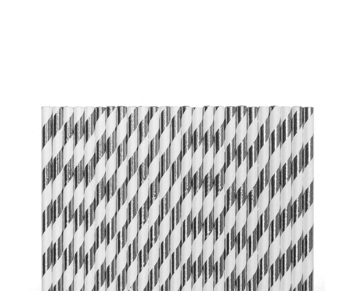 PAJITA PAPEL 25P (19.5CM) RAYA BLANCO/PLATEADO