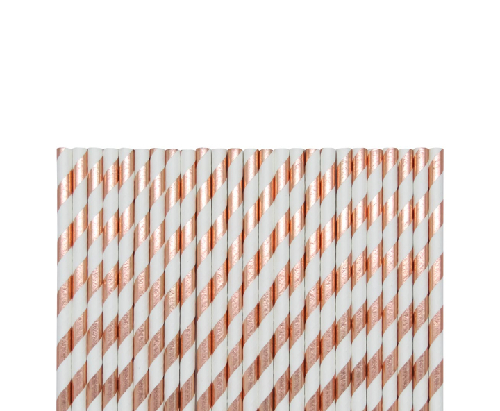 PAJITA PAPEL 25P (19.5CM) RAYA BLANCO/ROSA DORADO