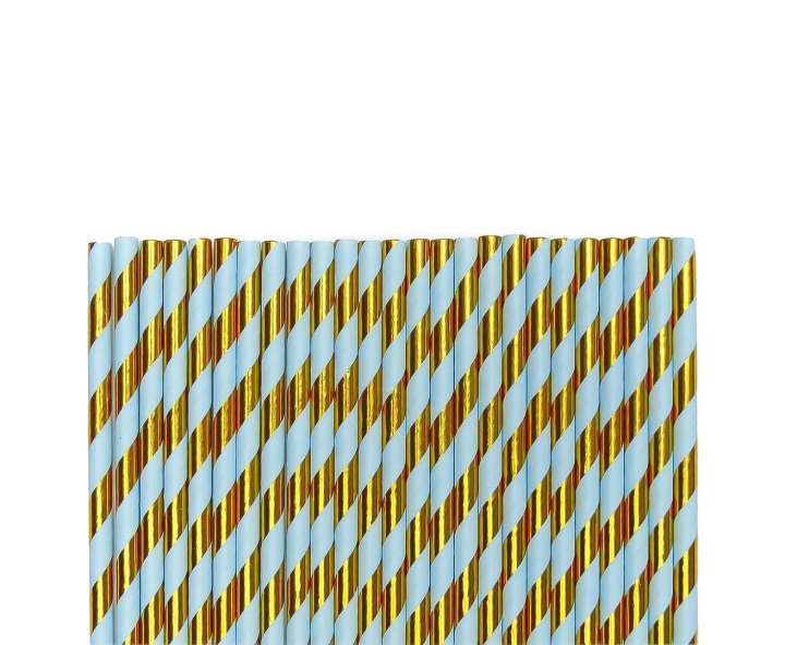 PAJITA PAPEL 25P (19.5CM) RAYA CELESTE/DORADO