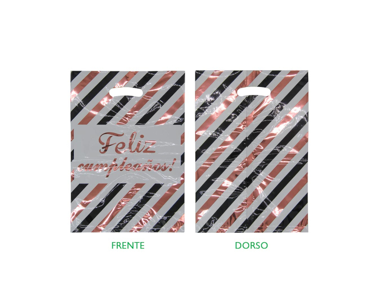 BOLSA METALIZADO “FELIZ CUMPLEAÑOS!” 10P (17X25) ROSA DORADO